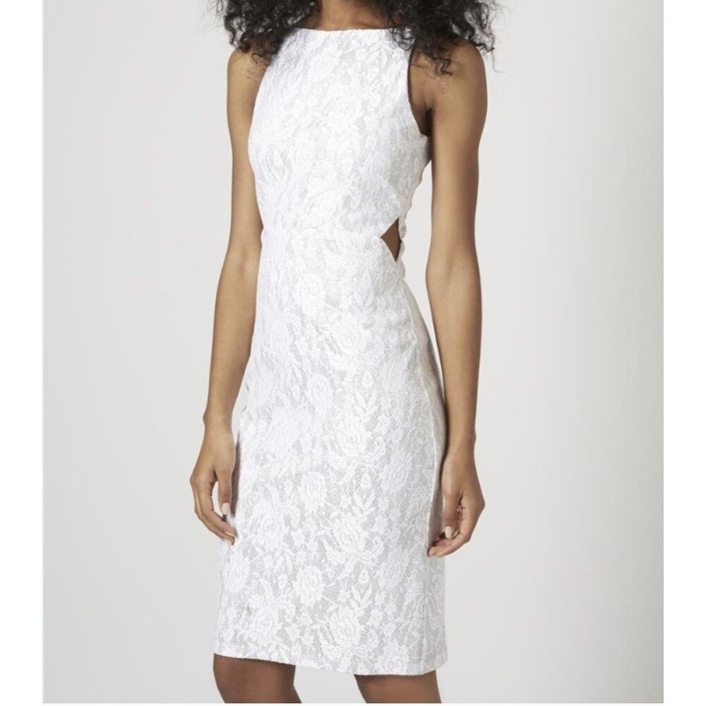 Topshop Women’s Dress Size 2 White Silver Floral Sleeveless Cutout Bodycon